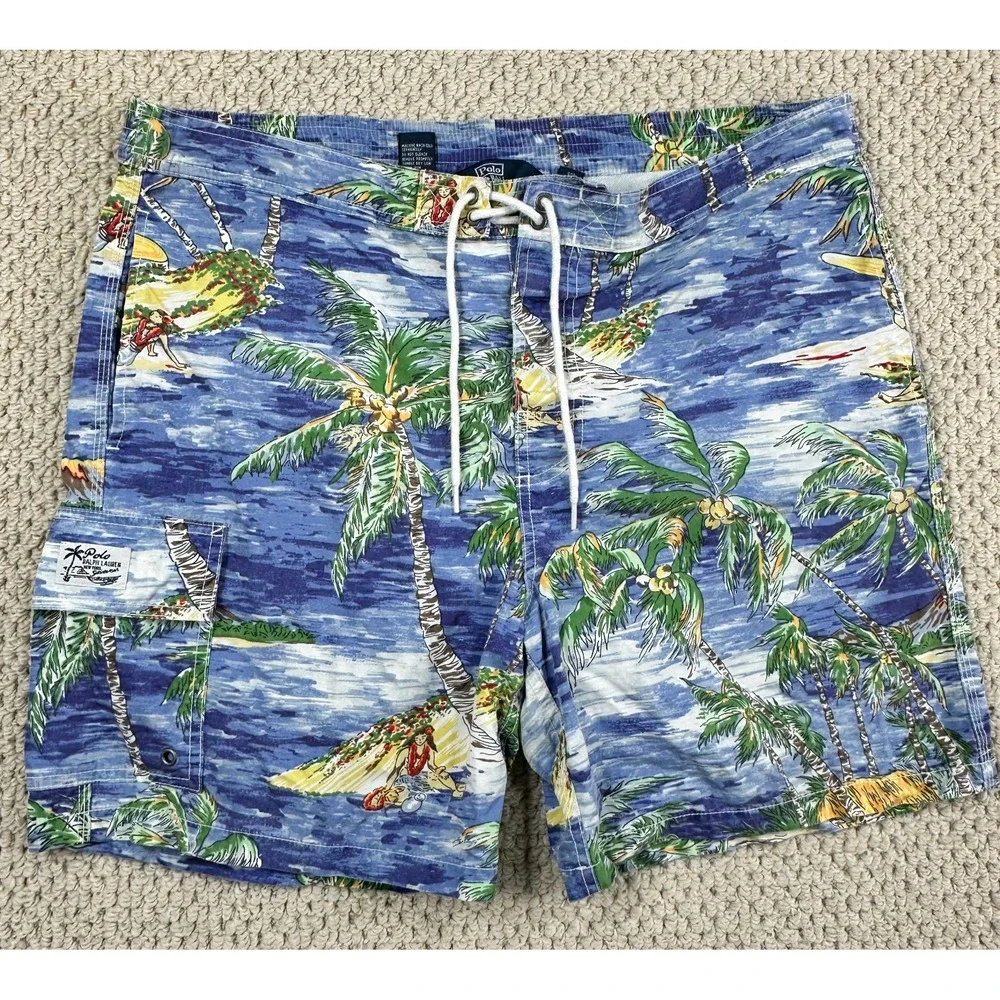 Vtg Polo Ralph Lauren Board Shorts Mens L Blue Swim Trunks Tie Front Palm Tree